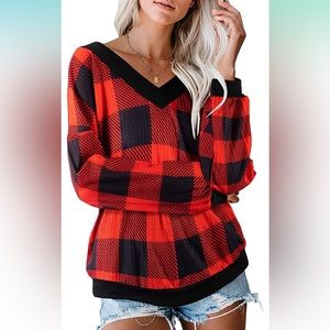 NWT RED AND BLACK CHECKED WAFFLE WEAVE V NECK SHIRT
